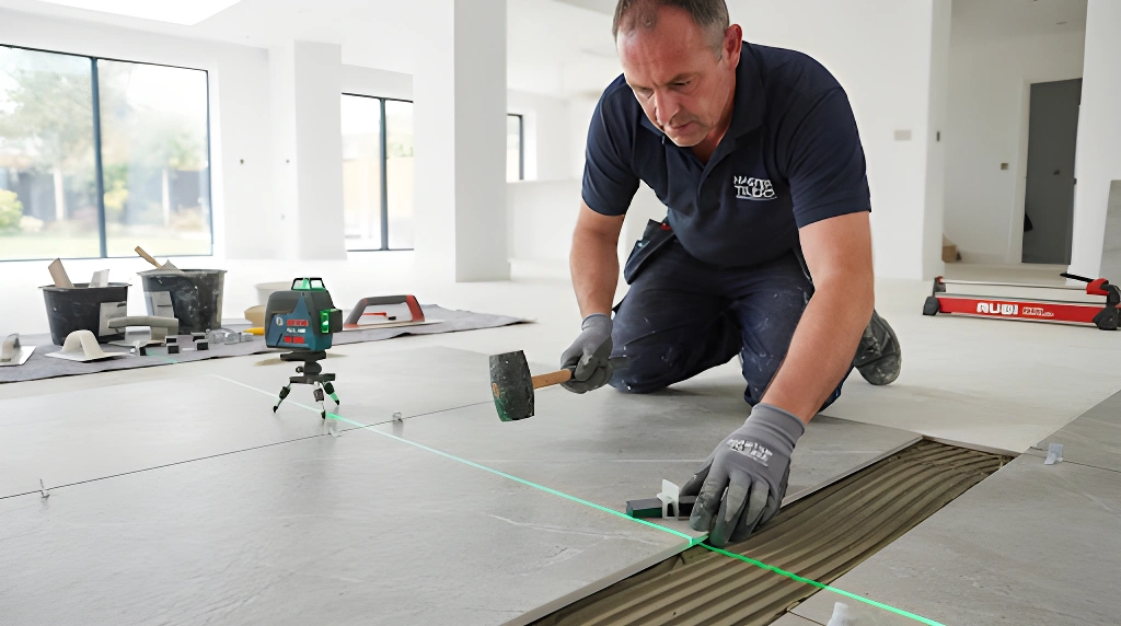 Master tiler laying large format tile with laser alignment