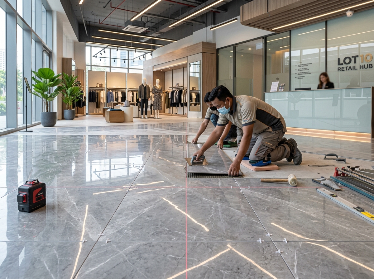 Commercial shoplot floor tile laying in Malaysia